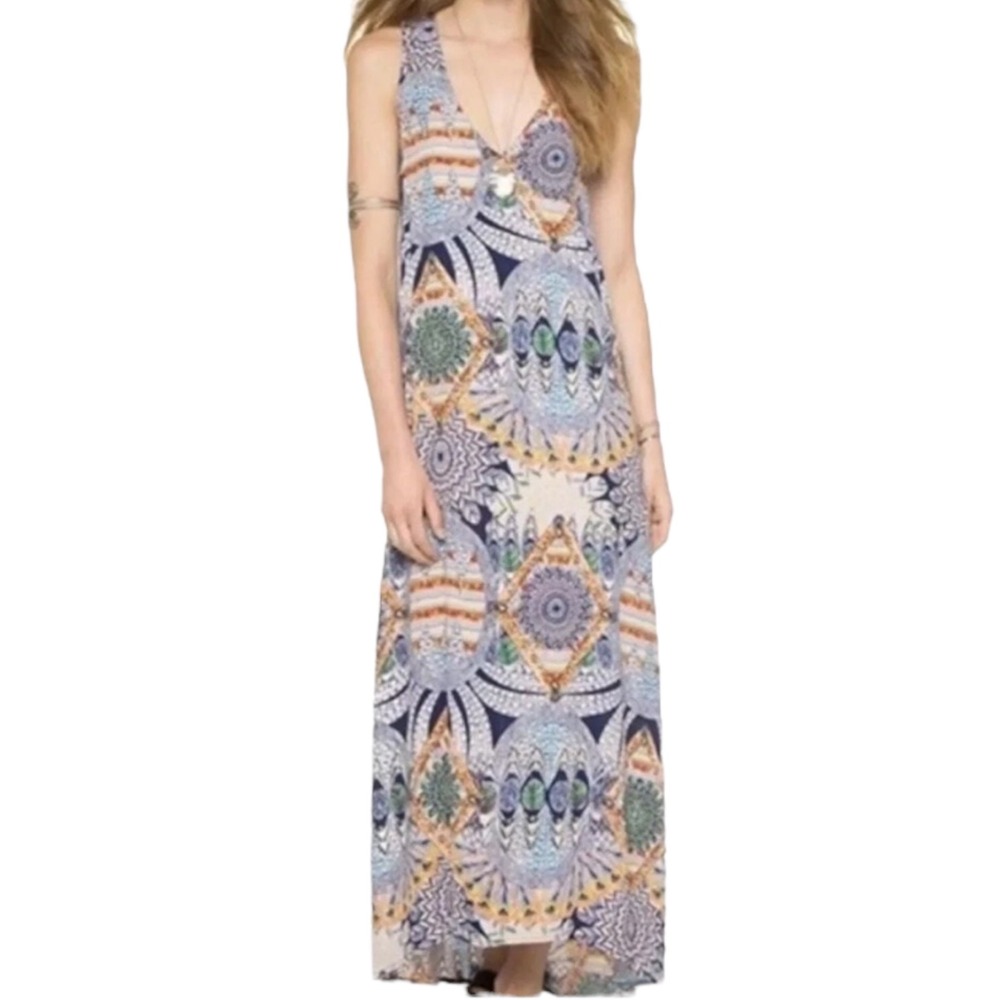 Flynn Skye Womens Bohemian‎ Feather Print Sleeveless Maxi Dress Size XS